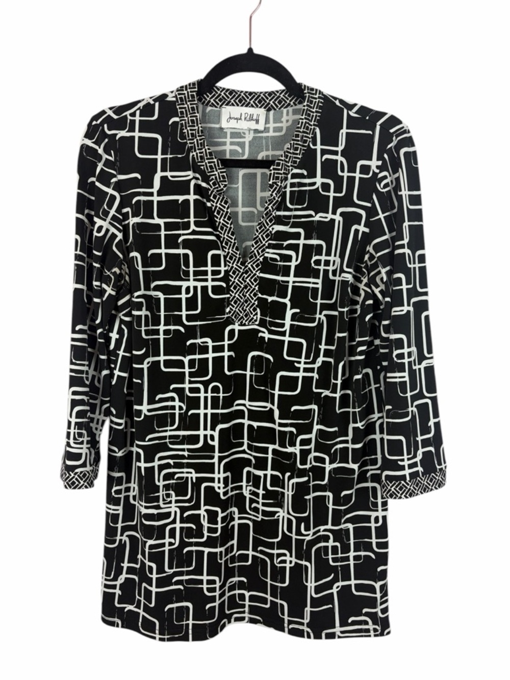 Joseph Ribkoff Black & White Geometric Print Tunic Top 3/4 Sleeve Size 12
